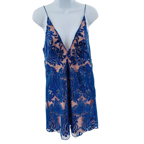 Free People Navy Blue Sequin Lace Nude Strappy Cocktail Fancy Slip Dress 4 NWT - Picture 2 of 14